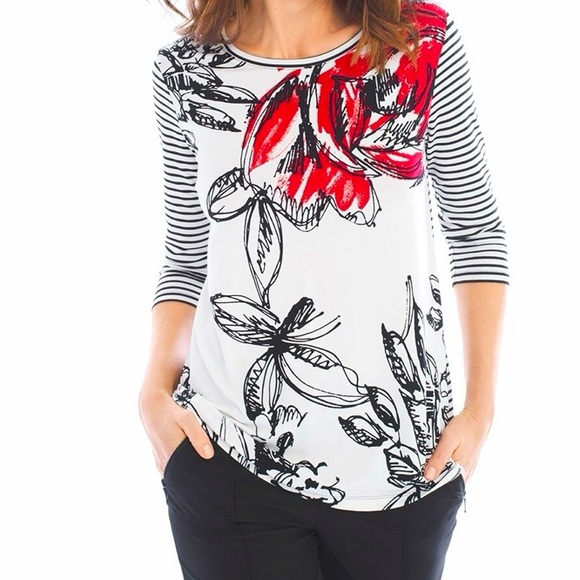 ZENERGY by CHICO’s Bonnie Mix Floral Print Tee Red, White & Black Size 0 - Picture 1 of 15